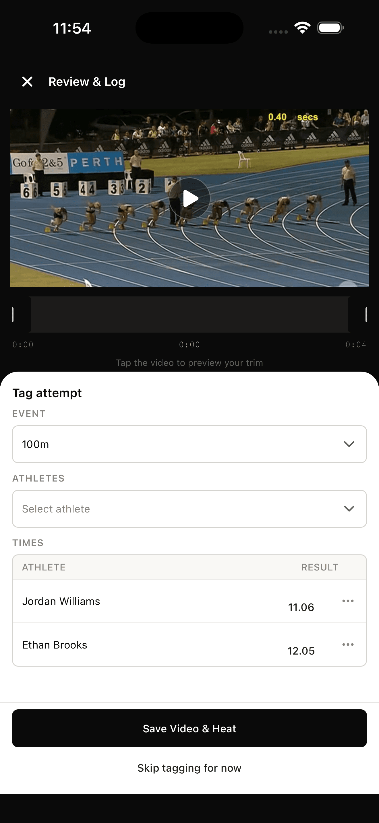 Tag attempt screen with 100m heat times for multiple athletes