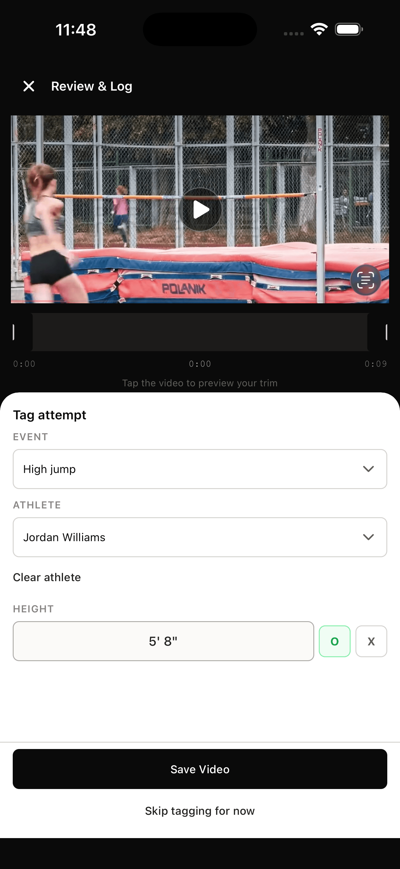 Tag attempt screen prompting for high jump result and athlete